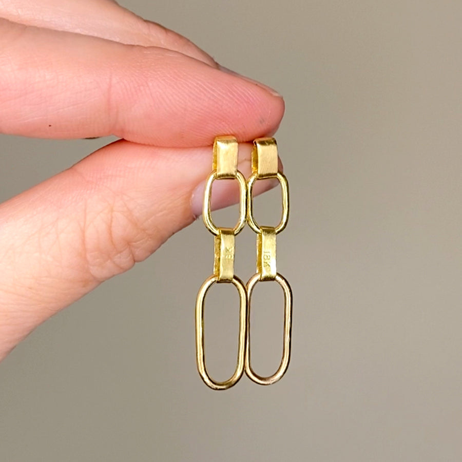 Delicate yet tough flat-link handmade chain drop earrings. Available in blackened or bright sterling, 14k or 18k gold. All metals recycled.