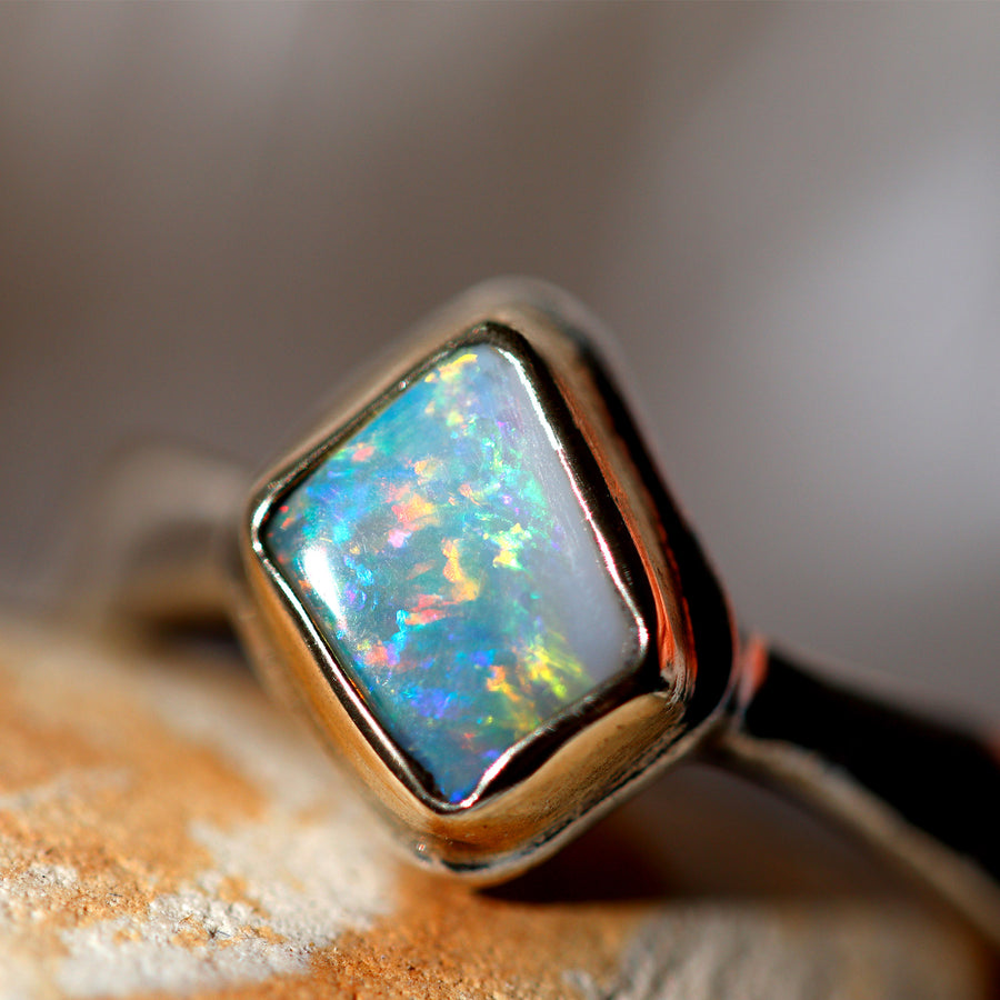 Rainbow Lightning Ridge Opal in Silver and 14k Gold