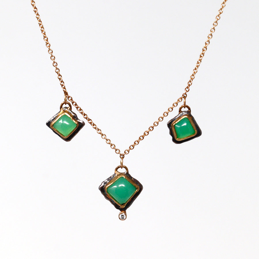 Beautiful Tanzanian Chrysoprase pendants on delicate 14k gold chain. 14k gold details and oxidized sterling sterling silver back-plates.